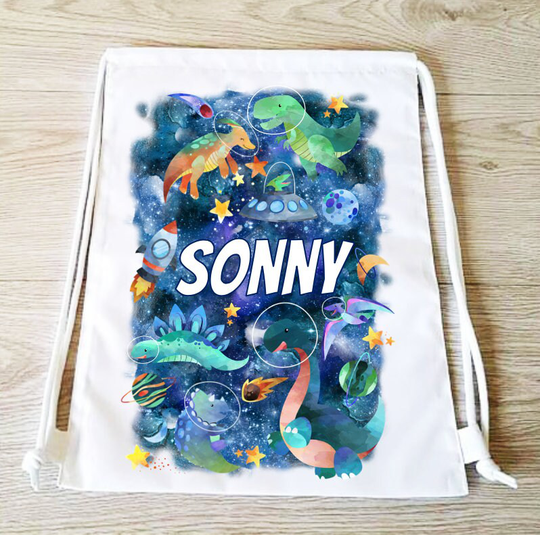 Space Dinosaur Swim Bag Pump Gym School Pe Kids Drawstring Backpack Nursery Children Personalised Gift