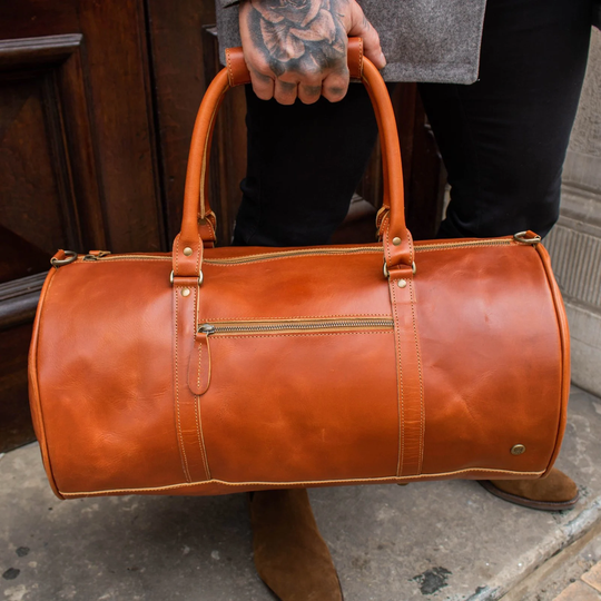 Personalized Buffalo Leather Duffle Bag - Weekend Overnight Gym Holdall in Tan Brown Handmade By Mahi