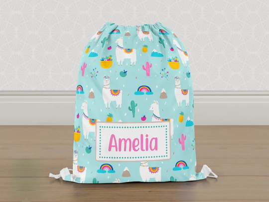 Personalised Llama Alpaca Gym Bag, Girls Kids Drawstring Childrens School Pe Swim Bag | Customise With Any Name