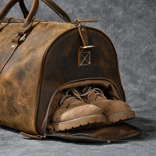 Leather Travel Bag With Shoes Space, Full Grain Weekender Bag, Personalized Holdall Oversized Luggage Bag, Overnight Bag, Gym