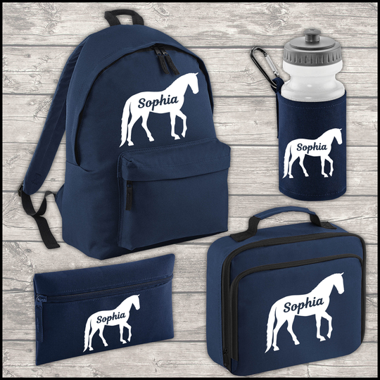 Personalised Horse 9 Litre Backpack Water Bottle & Lunch Bag Free Pencil Case Back To School Navy Kids Mini Size