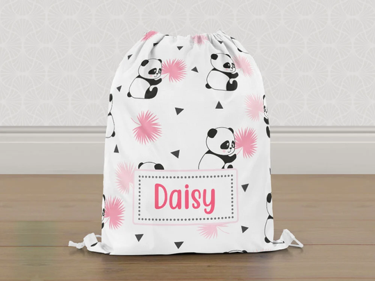 Personalised Panda Bear Gym Bag, Girls Kids Drawstring Childrens School Pe Swim Bag | Customise With Any Name