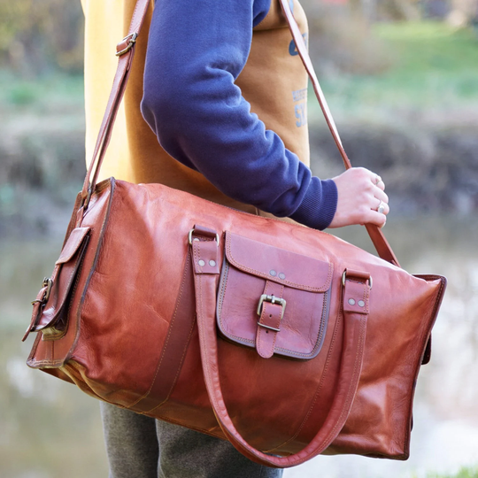 Personalised Large Or Extra Brown Leather Holdall - Overnight Bag Travel Gym