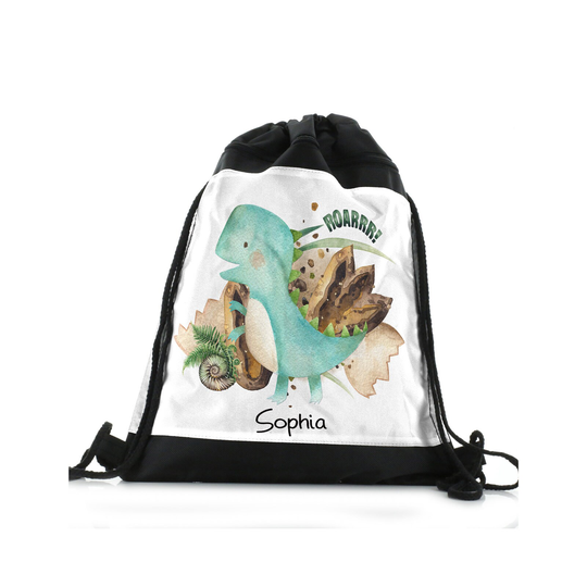 Personalised Dinosaur Drawstring Bag Customised With Name, Ideal For Kids Football, Pe & Games