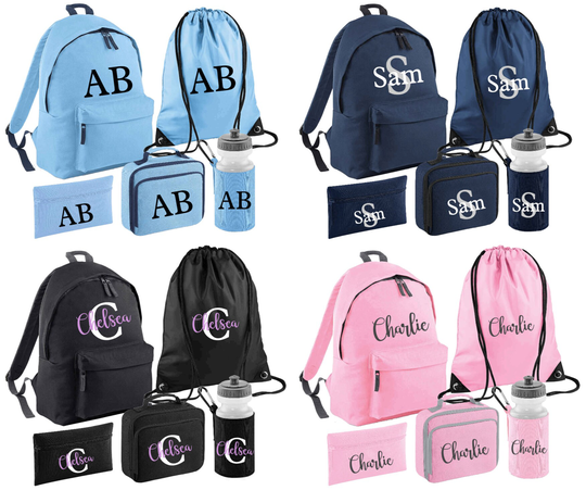 Personalised Back To School Set Bundle Backpack Gym Lunch Bag Pencil Case Bottle
