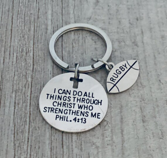 Rugby Keychain, Christian Faith, I Can Do All Things Through Christ Who Strengthens Me Phil. 413 Scripture Jewelry Player Gift