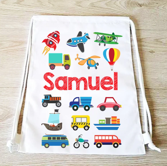 Transport Drawstring Backpack Bag Pe Gym Boys Girls Sports Personalised School Swim Tote Cars