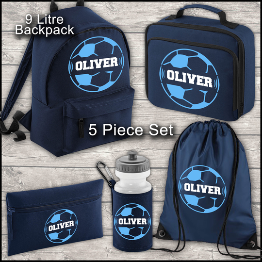 Personalised Backpack Kids 18 12 Or 9 Litre Boys Blue Football Name Lunch Bag Water Bottle Pencil Case School Pe Back To Navy