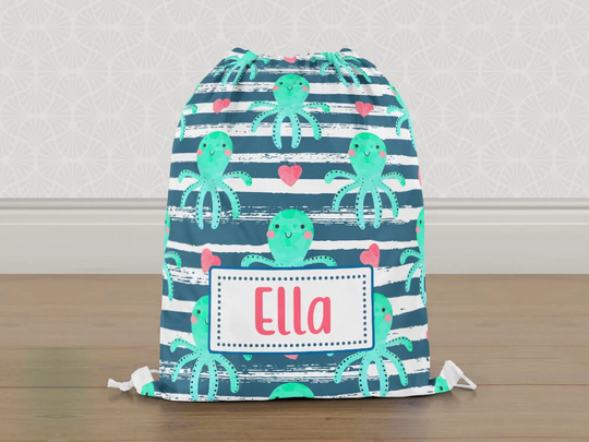 Personalised Octopus Gym Bag, Cute Girls Kids Drawstring Childrens School Pe Swim Bag | Customise With Any Name