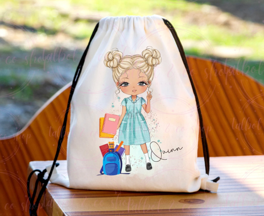 Personalised Green School Girl Drawstring Bag, P.e Kit Back To Nursery Kids Swim Gym Dance