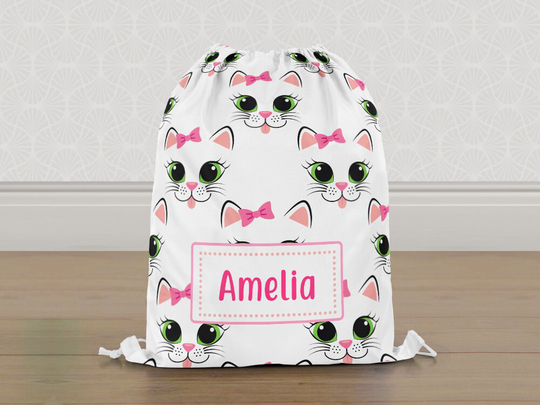 Personalised Kitty Cat Faces Gym Bag, Girls Kids Drawstring Childrens School Pe Swim Bag | Customise With Any Name