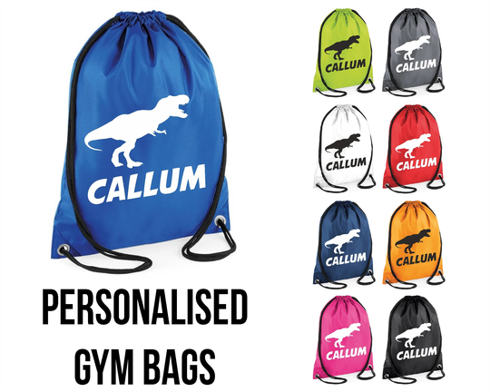 Personalised T-Rex Dinosaur Printed Gym Bag Swim Pe Kit Sack Sports Kids Drawstring School Phys Ed Novelty