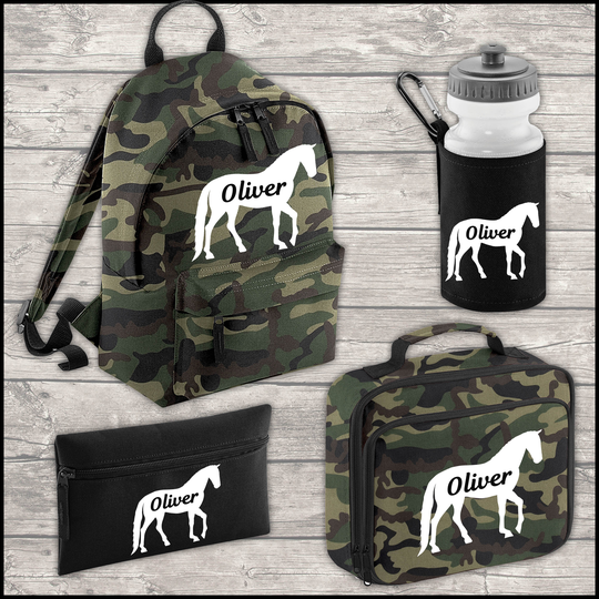 Personalised Horse 9 Litre Backpack Water Bottle & Lunch Bag Free Pencil Case Back To School Army Camo Jungle Kids Mini Size