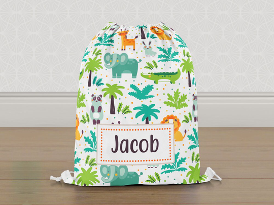 Personalised Safari Animals Jungle Gym Bag, Boys Girls Kids Drawstring Childrens School Pe Swim Bag | Customise With Any Name