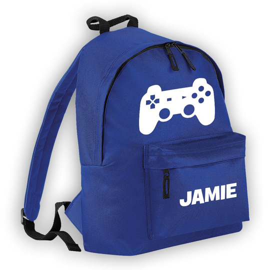 Personalised Gamer Controller Backpack Bag Rucksake Boys Royal Blue Add Your Name Junior Kids