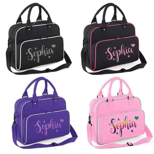 Girls Glitter Printed Dance Bag Personalised With Name Heart & Stars Bnwt