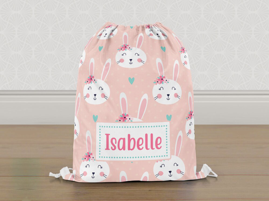Personalised Bunny Rabbit Floral Gym Bag, Girls Kids Drawstring Childrens School Pe Swim Bag | Customise With Any Name
