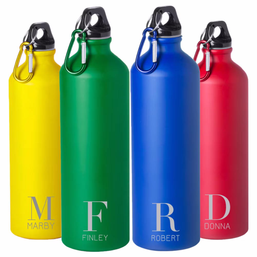 Personalised Metal Water Bottle, Matt Large 800Ml Capacity With Carabineer Clip, Fathers Day Gift, Custom Name & Initial, Gifts For Him Her