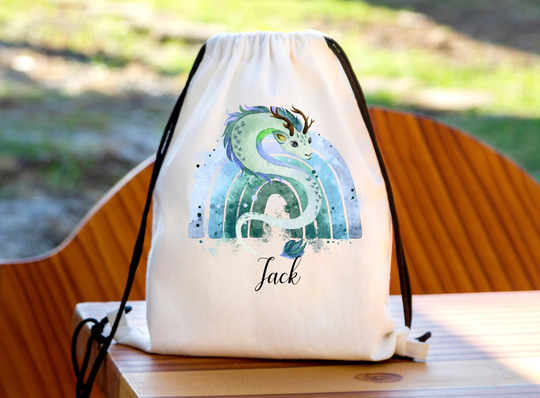 Personalised Dragon Rainbow Drawstring Bag, P.e Kit Back To School Nursery Kids Swim Gym Dance