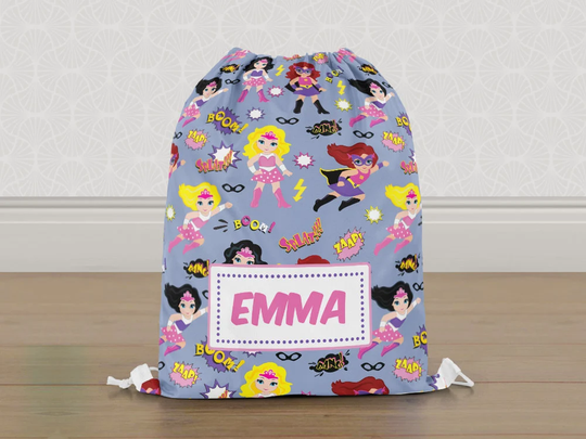 Personalised Superhero Superheroes Gym Bag, Girls Kids Drawstring Childrens School Pe Swim Bag | Customise With Any Name