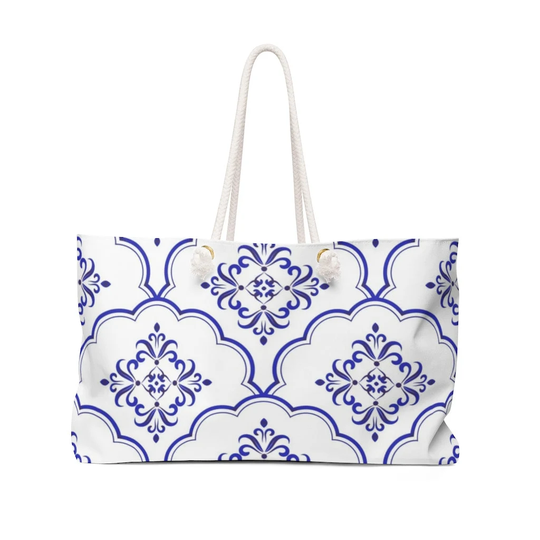 Sicily Oversized Weekend Bag Shopper Holdall Tote Beach Gym Travel Italian Tile Print Blue White Mediterranean Style Fashion Vacation Summer