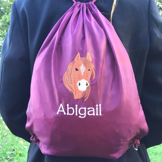 Personalised Horse Bag, Drawstring Bag, Girls Embroidery, Horse, Equestrian, School Pe Horsey Bag