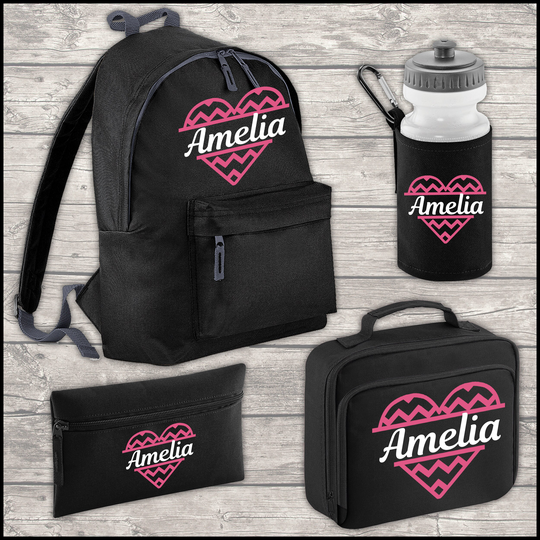 Personalised 12 Litre Backpack - Water Bottle Lunch Bag Pencil Case Back To School Heart With Name