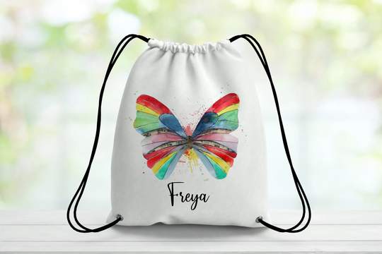 Rainbow Butterfly Personalised Pe Bag, White Waterproof Drawstring Back To School Supplies