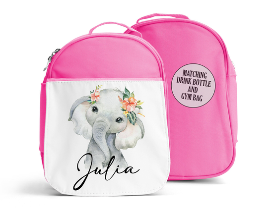 Personalised Floral Elephant Lunch Bag, Bottle Bundle, Back To School Cool Bag Box Kids Toddler Nursery, Safari Flower Design