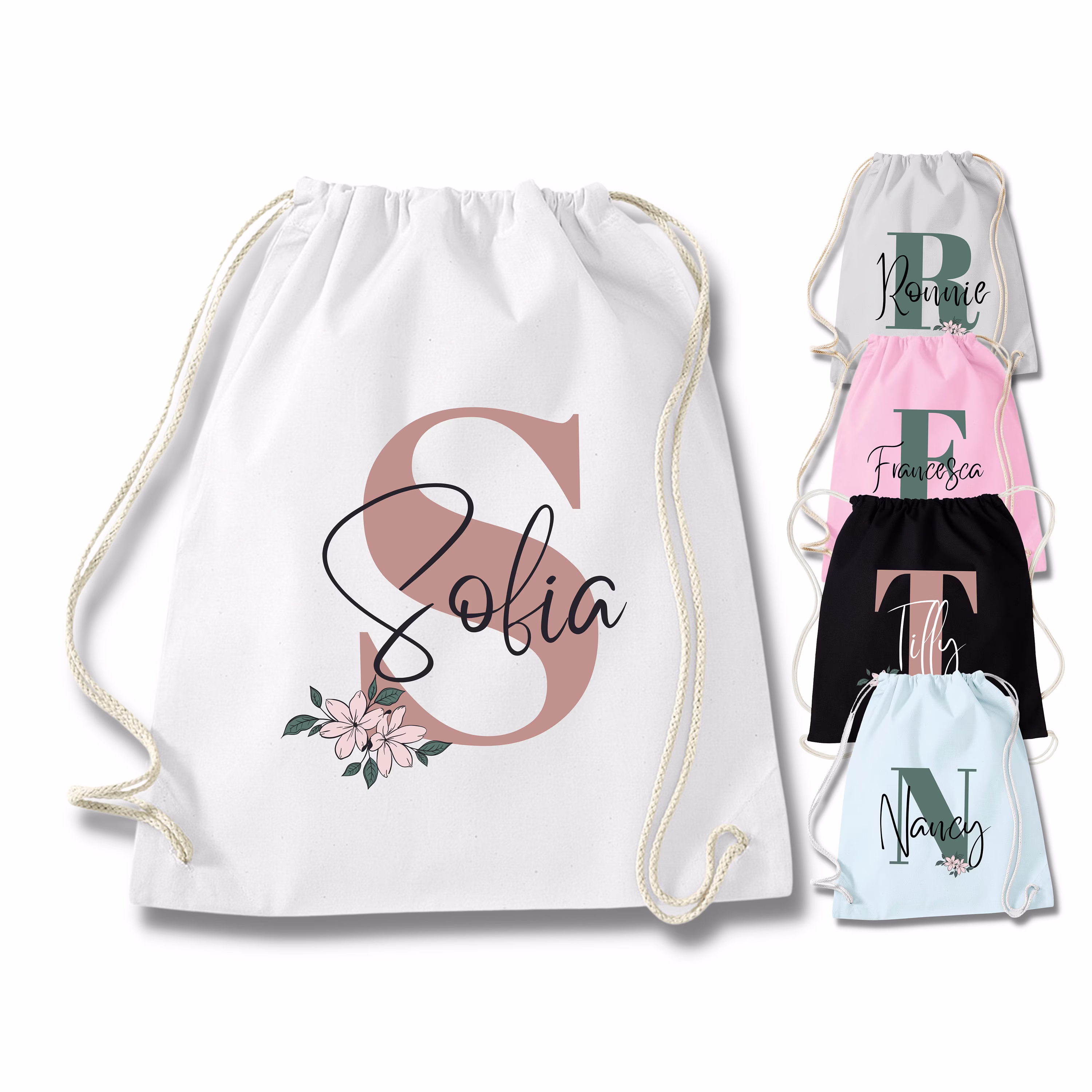 Floral Letter Name Personalised Drawstring Back To School Cotton Gym Bag Girls Forest Tap Dance Pe Pump Nursery Graduation Bts1