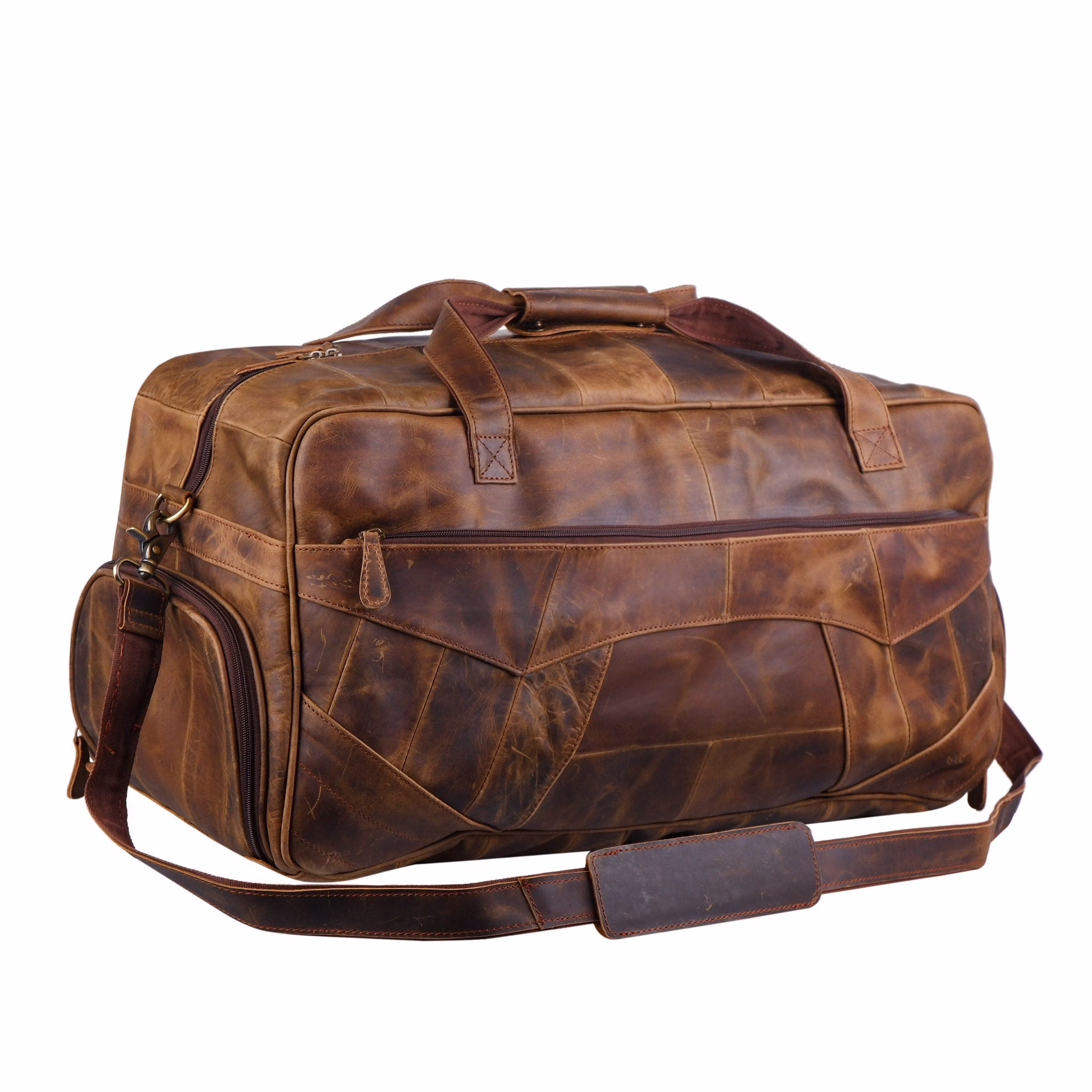 Men's Full Grain Buffalo Leather Duffel Bag, Large Weekender Tan Brown Travel Real Overnight Bag | Valentine's Day Gift