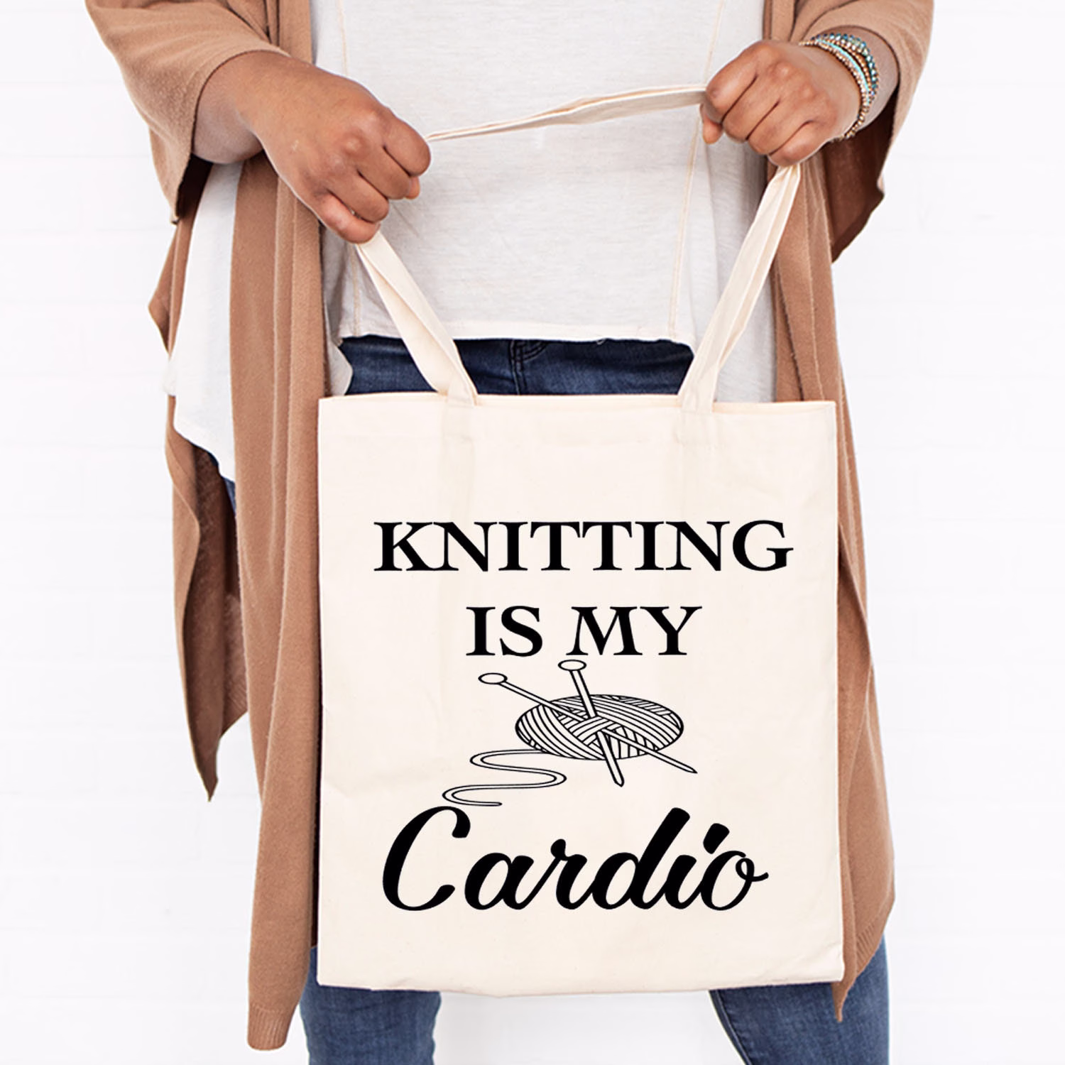Knitting Is My Cardio - Gym Bag Canvas Tote Printed Cotton Large Funny