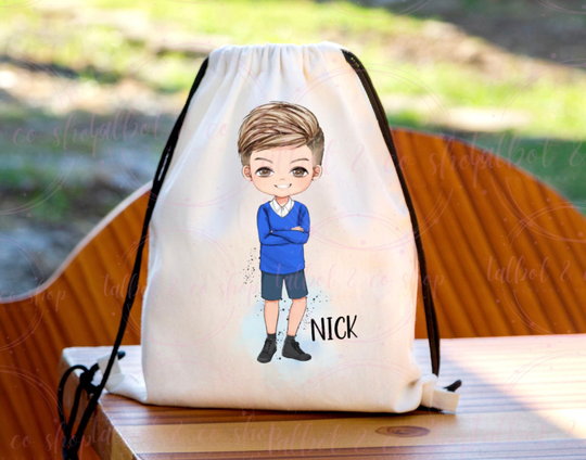 Personalised Blue School Boy Drawstring Bag, P.e Kit Back To Nursery Kids Swim Gym Dance