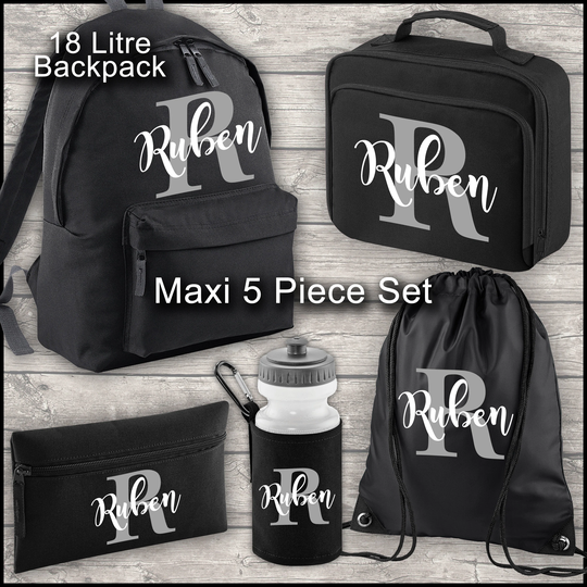 Personalised Backpack Kids 18 12 Or 9 Litre Boys Girls Initial Name Lunch Bag Water Bottle Pencil Case School Pe Back To Black
