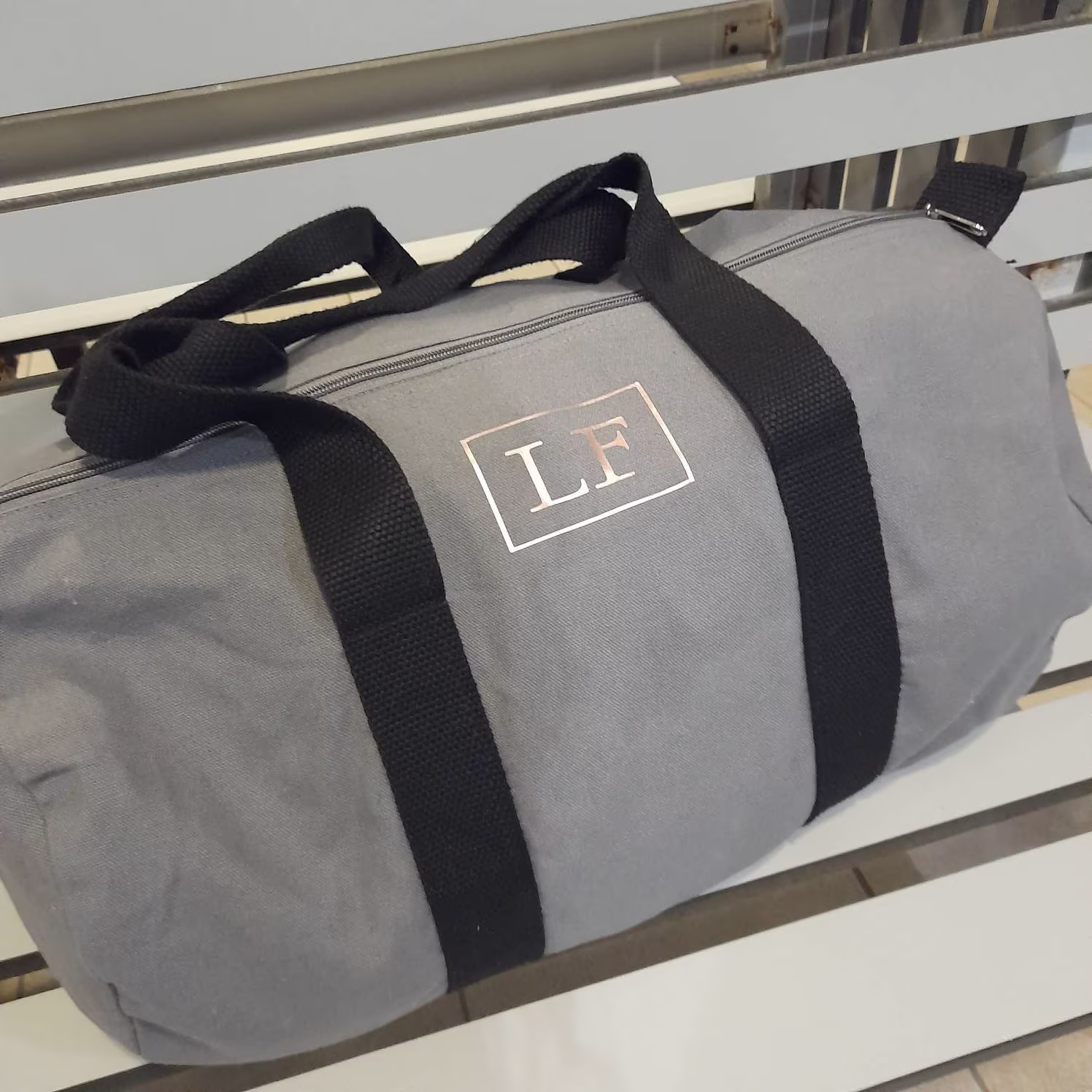 Personalised Gym Bag, Grey & Rose Gold Sports Charcoal Black Customised Barrel Monogrammed Weekend Luggage For Her
