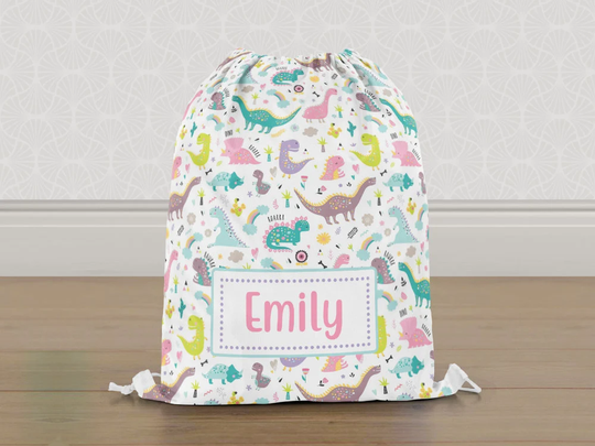 Personalised Dinosaur Gym Bag, Dino Girls Kids Drawstring Childrens School Pe Swim Bag | Customise With Any Name
