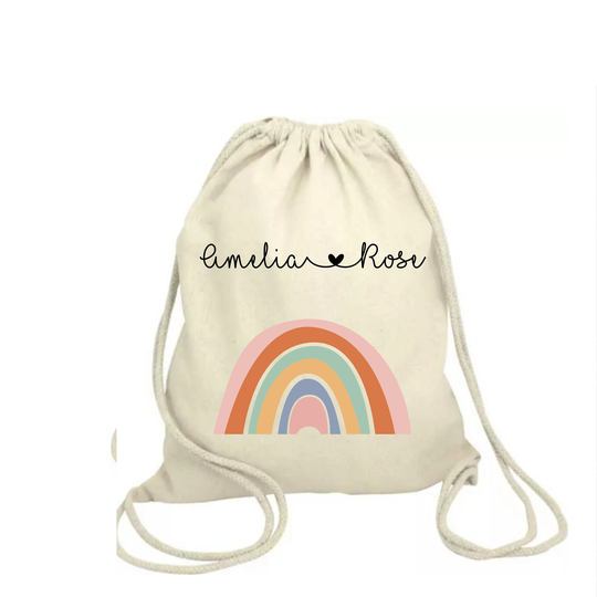 Personalised Rainbow Gym Bag, Drawstring Dance Pe Nursery Gift For Girl