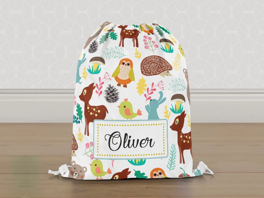 Personalised Woodland Forest Animals Gym Bag, Girls Boys Kids Drawstring Childrens School Pe Swim Bag | Customise With Any Name