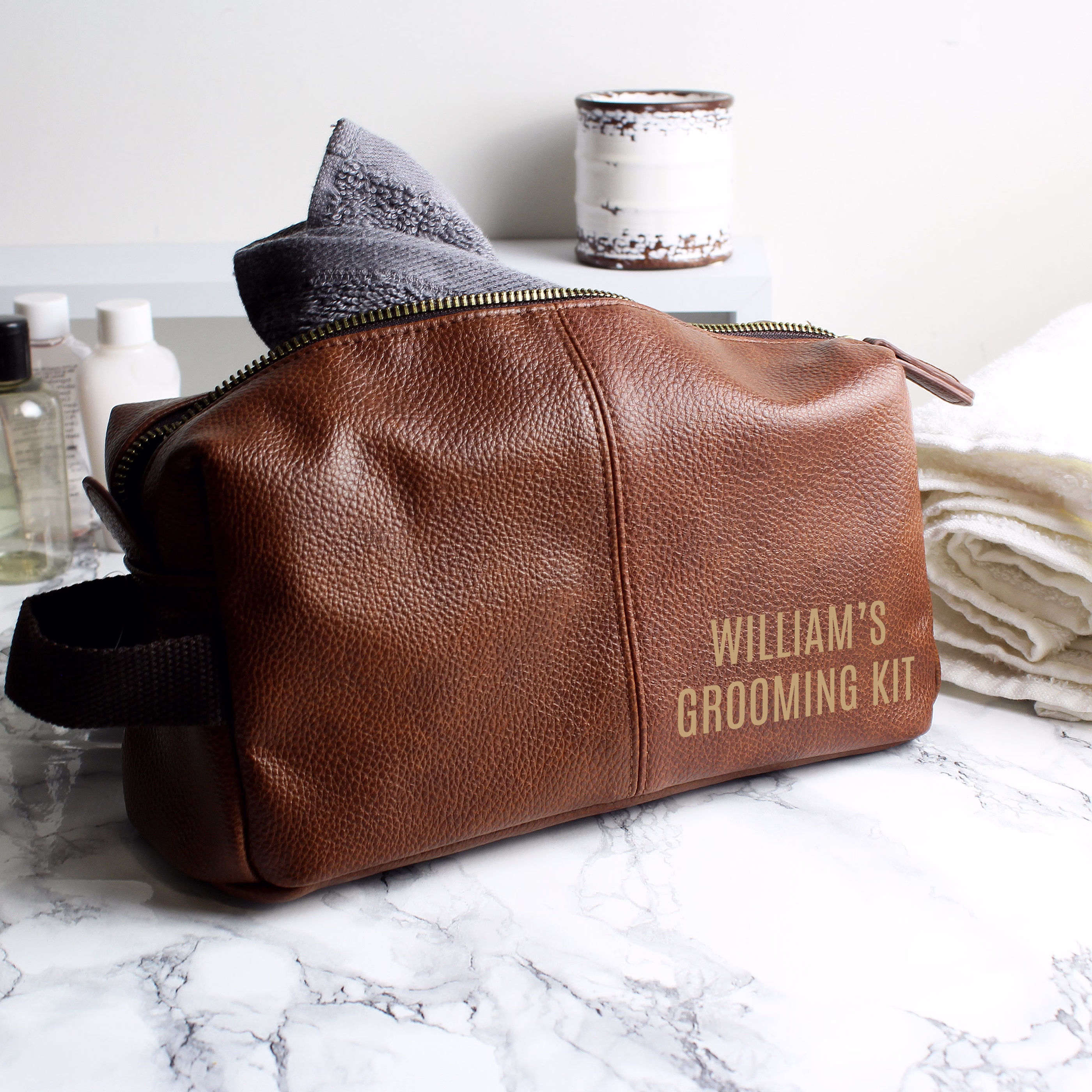 Personalised Luxury Brown Leatherette Wash Bag | Mens Toilet Fathers Day Gift