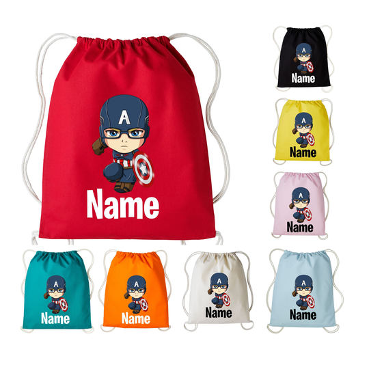 Personalised Captain America Cotton Pe Kit Drawstring Custom Bag School/Sport Kids