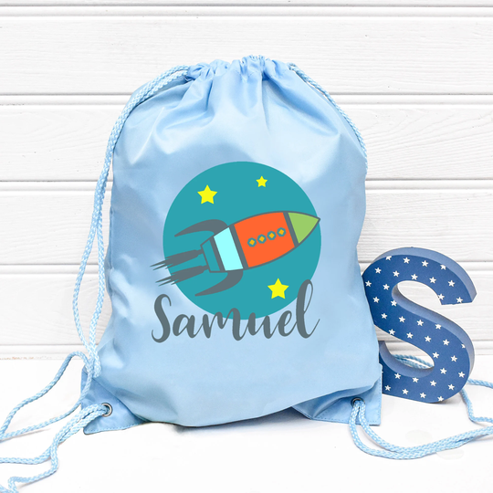 Personalised Gym Bag Kids, Boys Rocket Bag, Drawstring School Pe Pump Nursery Blue