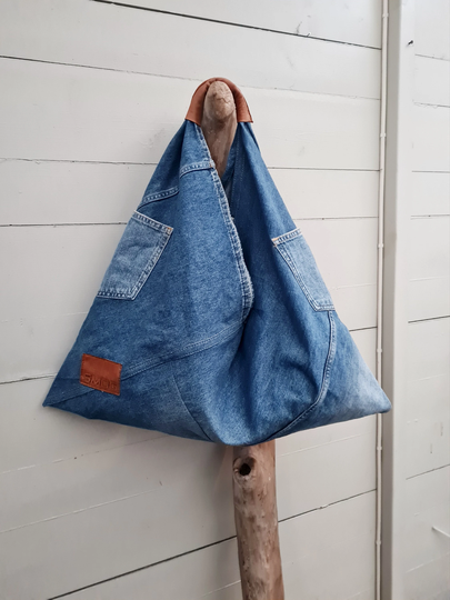 Upcycled Denim Origami Bag, Japanese Market Jeans Bag