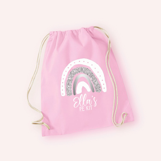 Kids Personalised P.e/Sports Drawstring Backpack Bag - Cotton Children's P.e Drawstring Sack Pink Glitter Rainbow Design Name