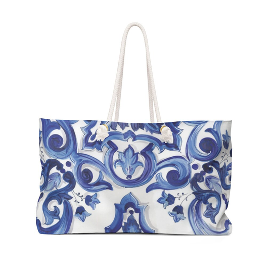 Palermo Oversized Weekend Bag | Blue & White Pattern Beach Large Shoulder Carryall Italy Sicily Tile Summer Shopper Tote