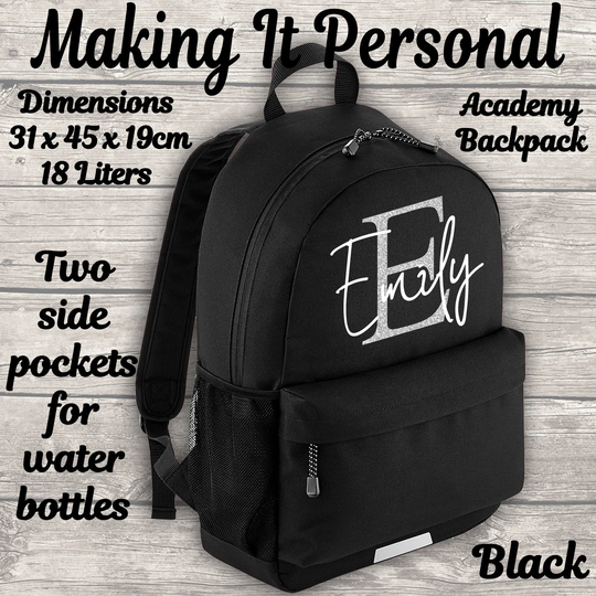 Personalised Initial Name Backpack Kids Bag Rucksake Girls Boys Black Grey Navy Royal Blue Red Add Your Name Full Size 18 Litres