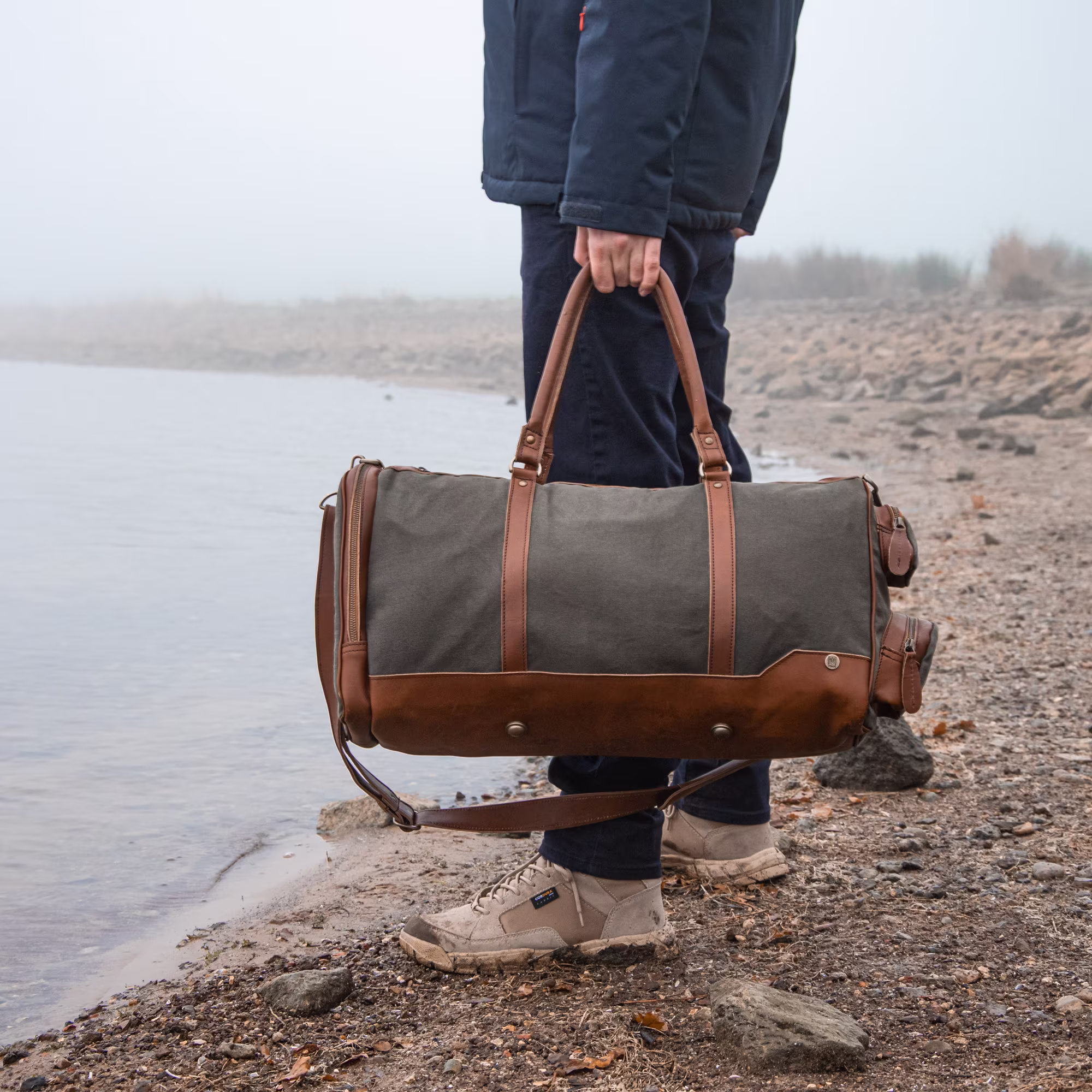 Personalized Canvas Leather Holdall/Duffle - Weekend Bag Overnight Gym Green Waxed & Brown Handmade By Mahi