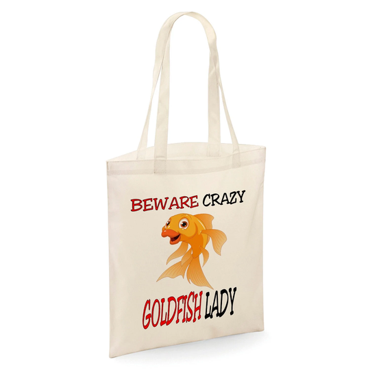 Beware Crazy Goldfish Lady Tote Shopper Bag - Natural Colour