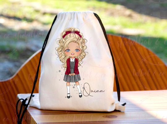 Personalised Burgundy& Grey School Girl Drawstring Bag, P.e Kit Back To Nursery Kids Swim Gym D