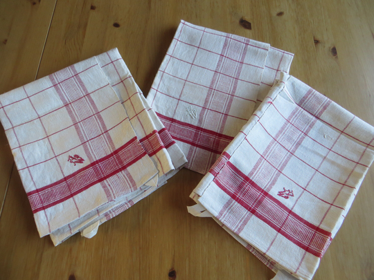 Handwoven Three Antique Linen Towels Red Stripes Mongram Kk Farmerslinen Germanlinen Vintagelinen Table Runner Antiquefabric Vintage