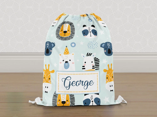 Personalised Party Zoo Animals Gym Bag, Boys Kids Drawstring Childrens School Pe Swim Bag | Customise With Any Name